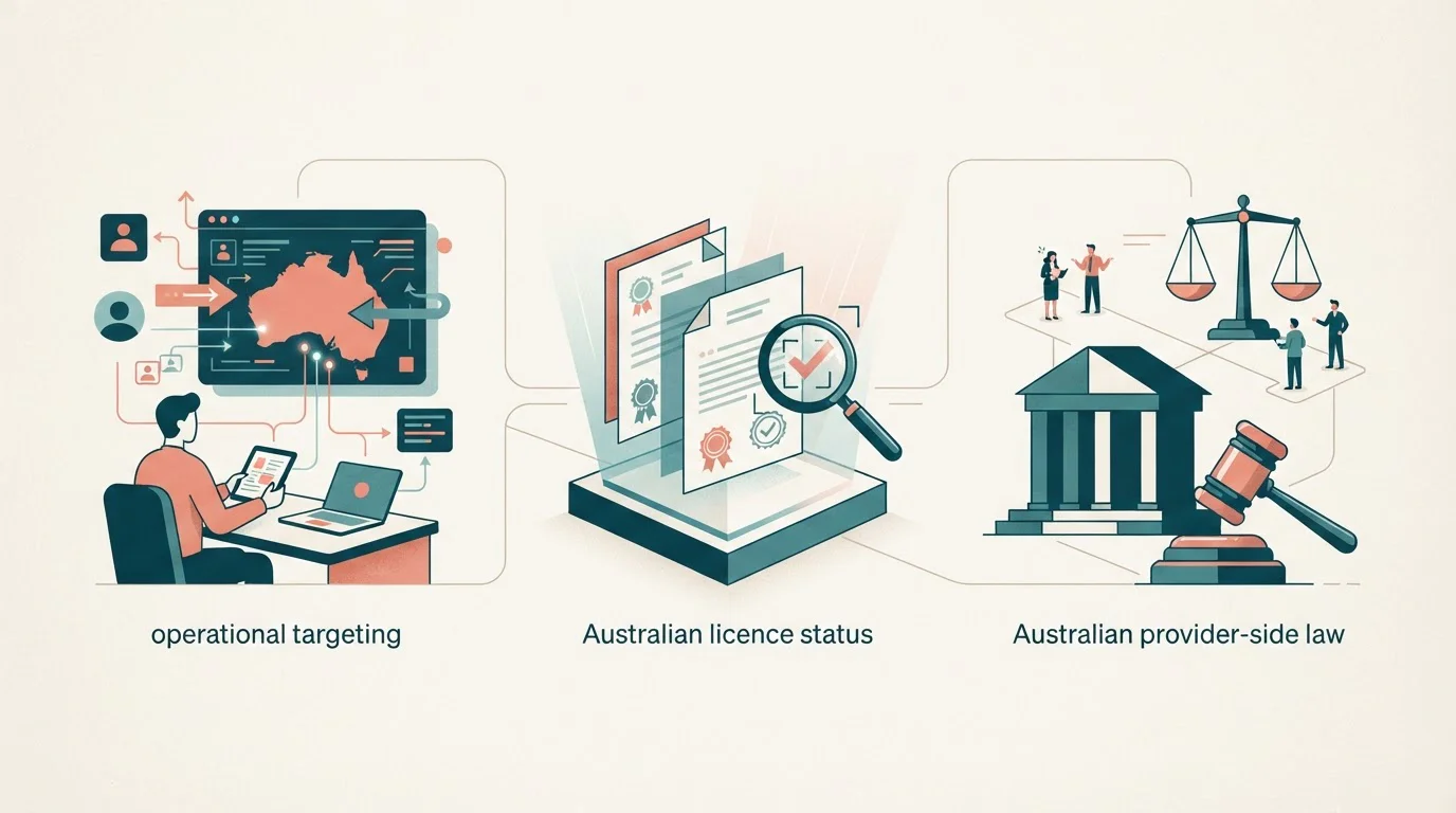Editorial illustration separating operational targeting, Australian licence status and Australian provider-side law