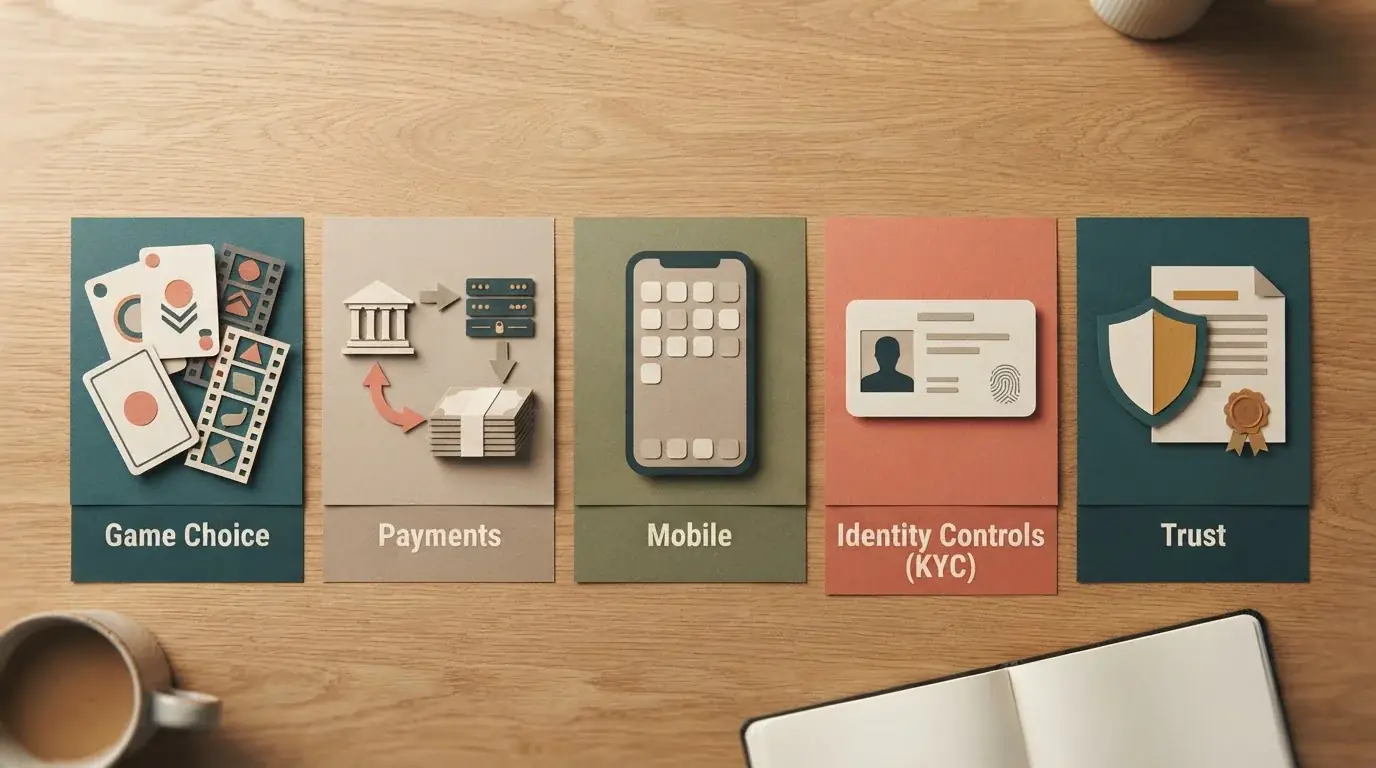 Neutral decision checklist illustration covering games, payments, mobile, KYC and trust without casino logos